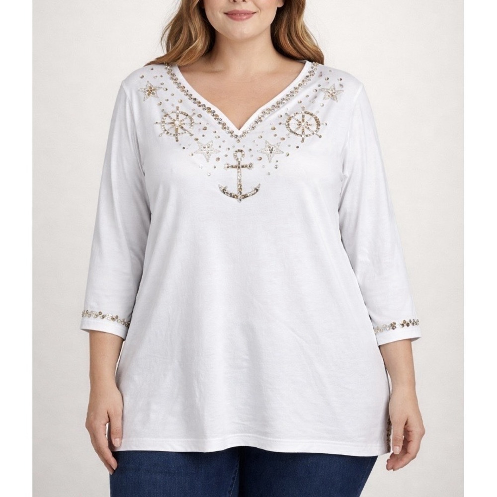NWT Quacker Factory Sequin Beaded Nautical Anchor Knit Top Size 1X